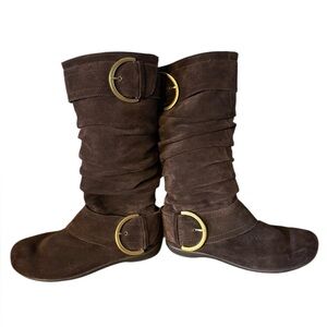 White Mountain Women’s Jester Ruched Side Buckle Brown Suede Tall Boot Sz 7.5